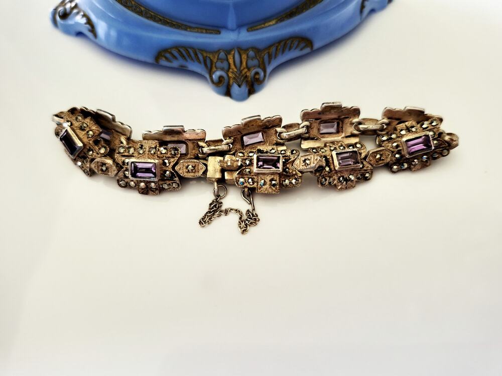 Vintage Sterling Silver Amethyst Marcasite Bracelet